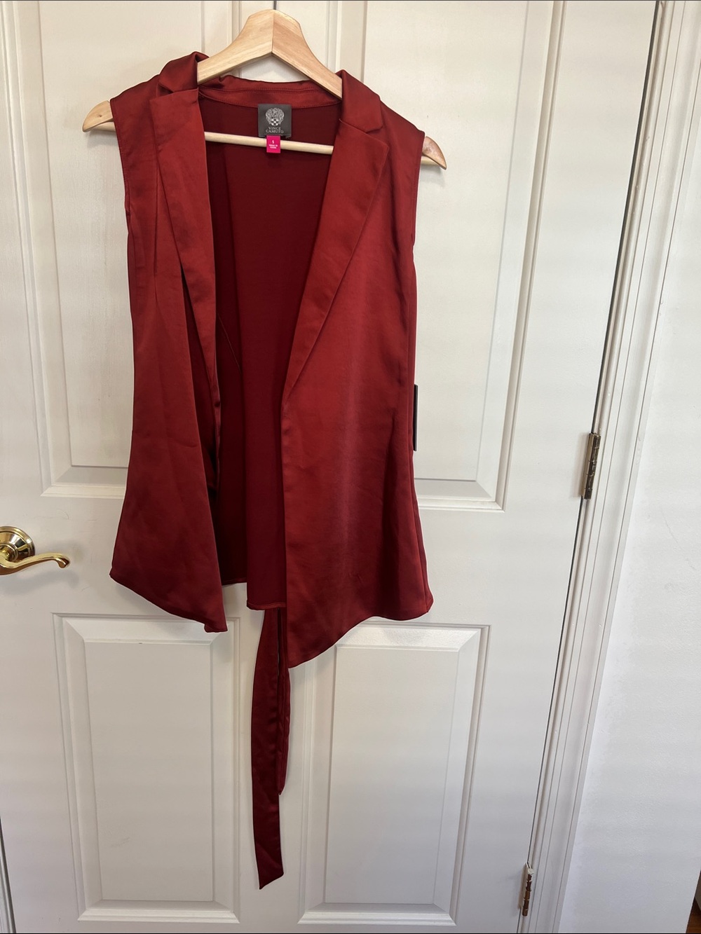 Vince Camuto Sleeveless Draped Tie-Front Vest in Rust Red